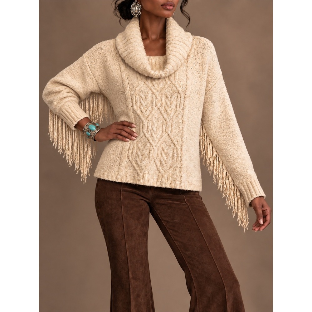 L 251 Shyanne Cream Cotton Cable Knit Cowl Neck Fringe Sweater Western Boho